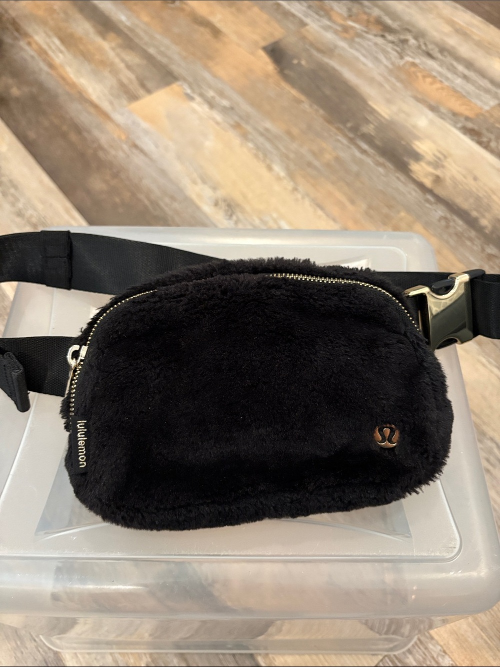 lululemon Black Faux Fur Belt Bag with Gold Accent